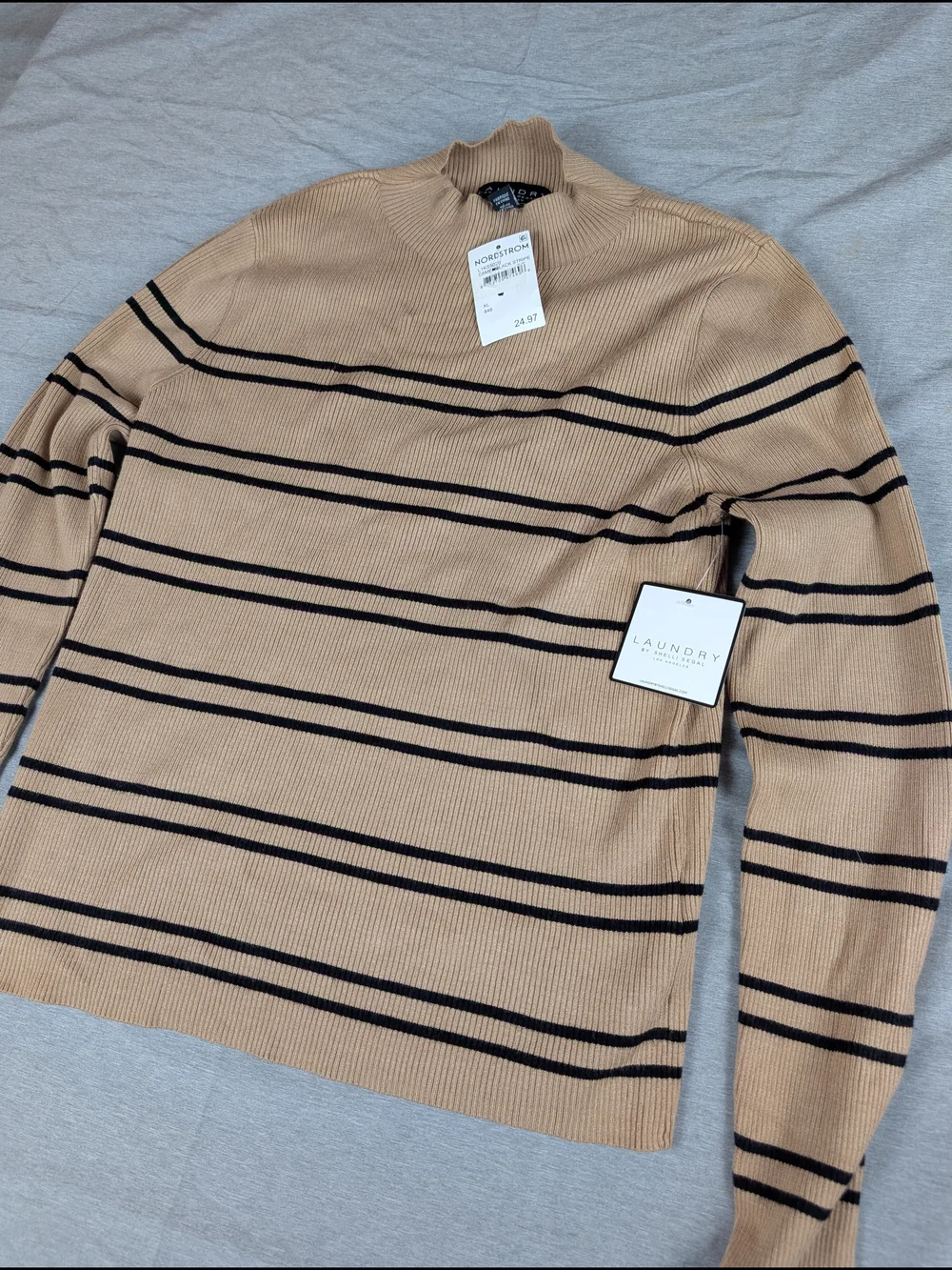 Laundry‎ by Shelli Segal Camel Black Stripe Knit Crewneck Sweater Women's XL